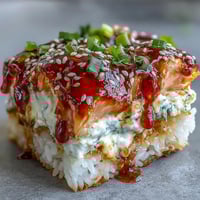 Golden-baked Spicy Salmon Sushi Bake in a white dish, featuring melted mozzarella, sesame seeds, and fresh avocado slices.