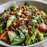 Fresh Mixed Greens Power Bowl topped with creamy avocado slices, crunchy walnuts, and vibrant veggies, perfect for a light and healthy meal.