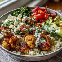 Cauliflower rice bowl with golden chicken and crisp broccoli florets topped with fresh avocado.