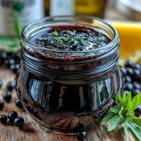 A glass jar of Black Currant Vinaigrette sits beside fresh greens and beets.