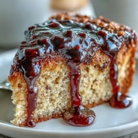 Moist peanut butter cake slices with a vibrant black currant sauce drizzle on a white plate.