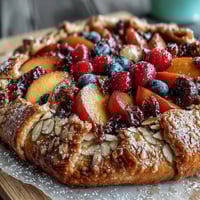 Golden Summer Stone Fruit Galette with Frangipane, featuring juicy peaches, plums, and apricots nestled in almond cream and flaky pastry.