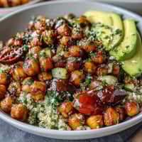 Lemon Vinaigrette Grain Bowls with Roasted Chickpeas, vibrant quinoa topped with crispy spiced chickpeas, fresh vegetables, and zesty lemon dressing.  