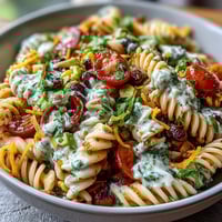 Vibrant taco pasta salad with rotini, black beans, corn, avocado, and cheddar, topped with crushed tortilla chips for crunch.