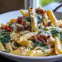 Creamy One-Pot Tuscan Pasta with spinach, sun-dried tomatoes, and Parmesan in a rich white wine sauce.