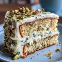 A vibrant layered lemon pistachio cake with zesty sponge, creamy frosting, and crunchy pistachios, perfect for a spring birthday celebration.