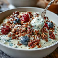 Creamy skyr protein smoothie bowl with fresh berries and crunchy granola.