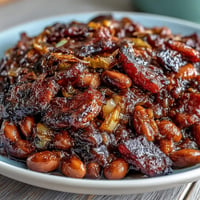 Hearty Juneteenth BBQ Baked Beans with bacon, served hot in a rustic dish.