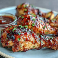 BBQ chicken drumsticks with spicy peach glaze, grilled and glistening.