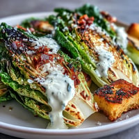 Grilled Caesar Salad with charred romaine, drizzled with creamy dressing and crunchy croutons.